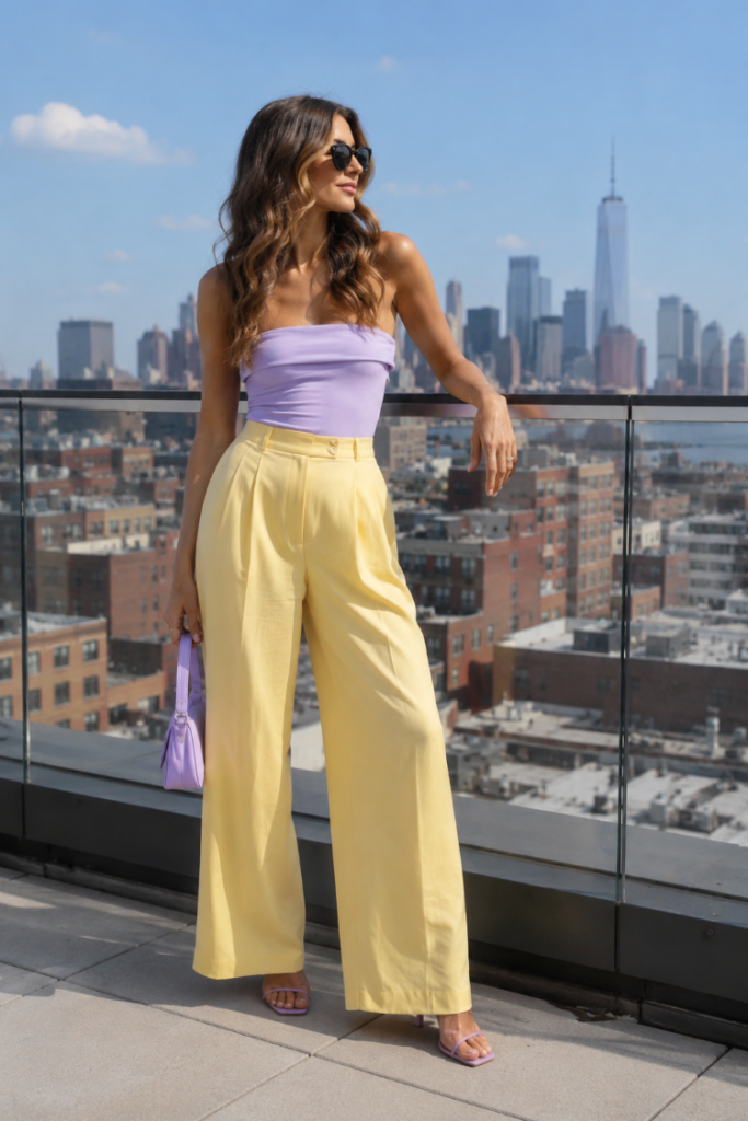 Woman wearing a lavender strapless top with butter yellow wide-leg trousers and matching lavender accessories for a chic summer fashion outfit.