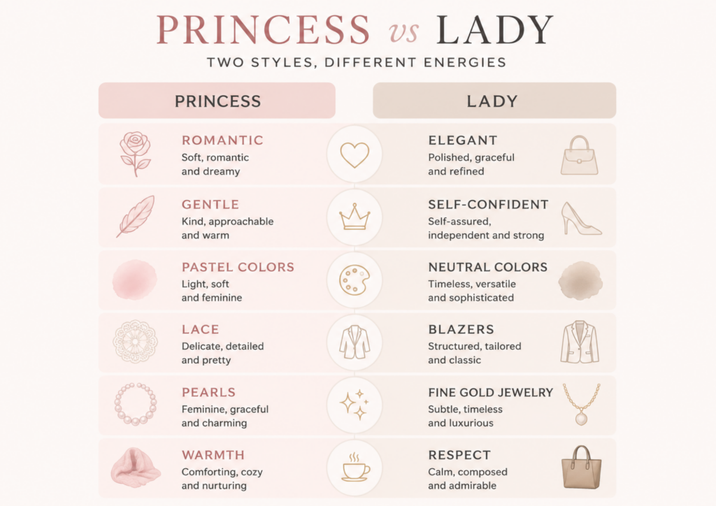 Princess vs Lady style comparison infographic highlighting the key differences in personality, colors, clothing, jewelry, and the overall impression created by each feminine fashion archetype.