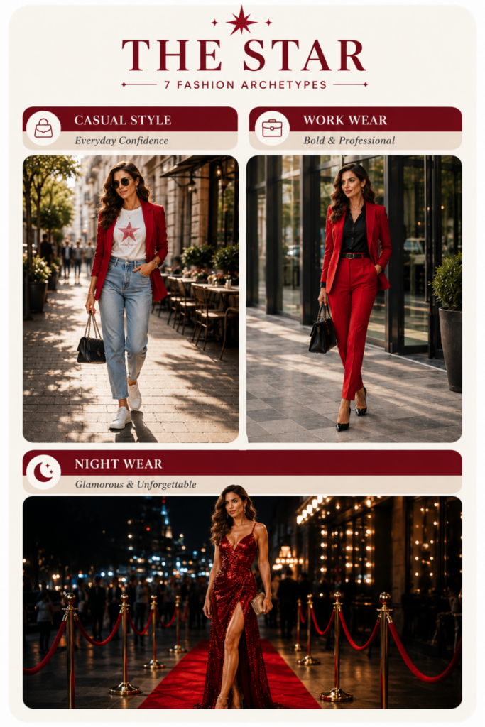 Star fashion archetype outfit inspiration with bold casual looks, power suits and glamorous evening dresses.