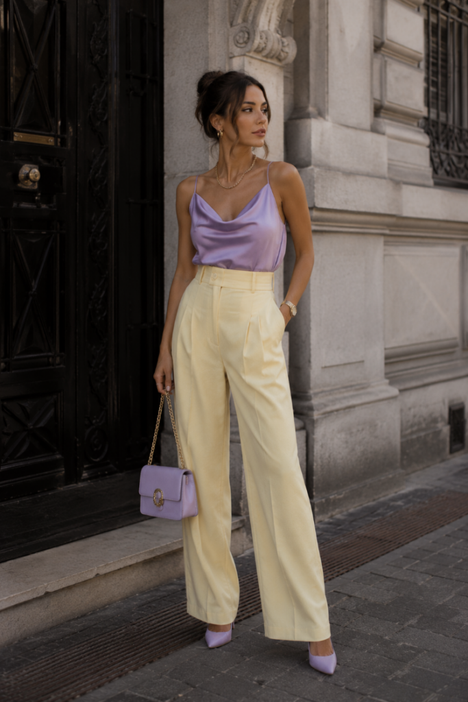 Diva fashion archetype wearing a lavender satin camisole with butter yellow wide-leg trousers, lavender heels, and a matching handbag for a glamorous elegant look.
