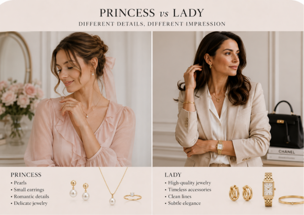 Princess vs Lady style comparison highlighting delicate pearl jewelry and romantic details versus timeless gold jewelry, elegant accessories, and clean classic lines.