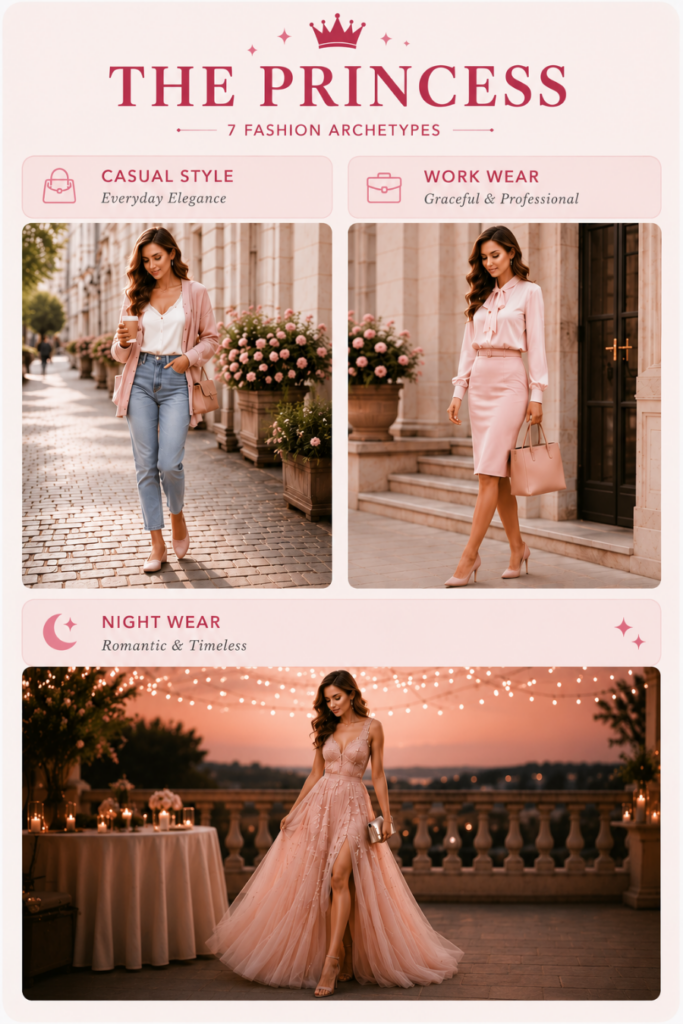 Princess fashion archetype outfit ideas for casual style, workwear and elegant evening wear.