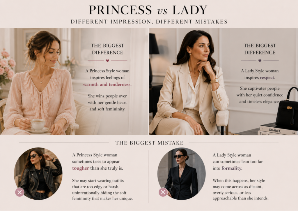 Princess vs Lady style comparison showing the different impressions they create and the most common style mistakes, from overly edgy outfits to excessive formality.