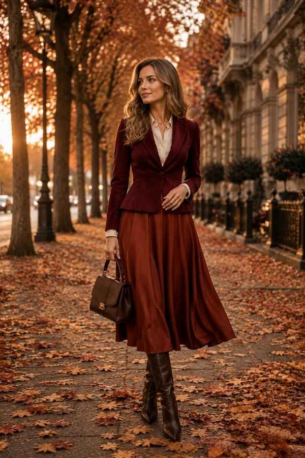 Princess fall outfit with burgundy blazer, rust midi skirt, cream blouse, structured handbag and brown knee-high boots.