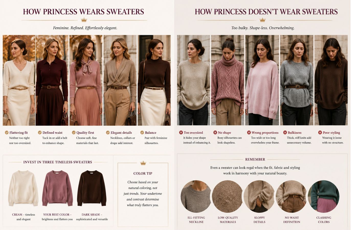 Princess fall 2026 sweater style guide comparing flattering feminine knitwear with oversized and shapeless sweater outfits.