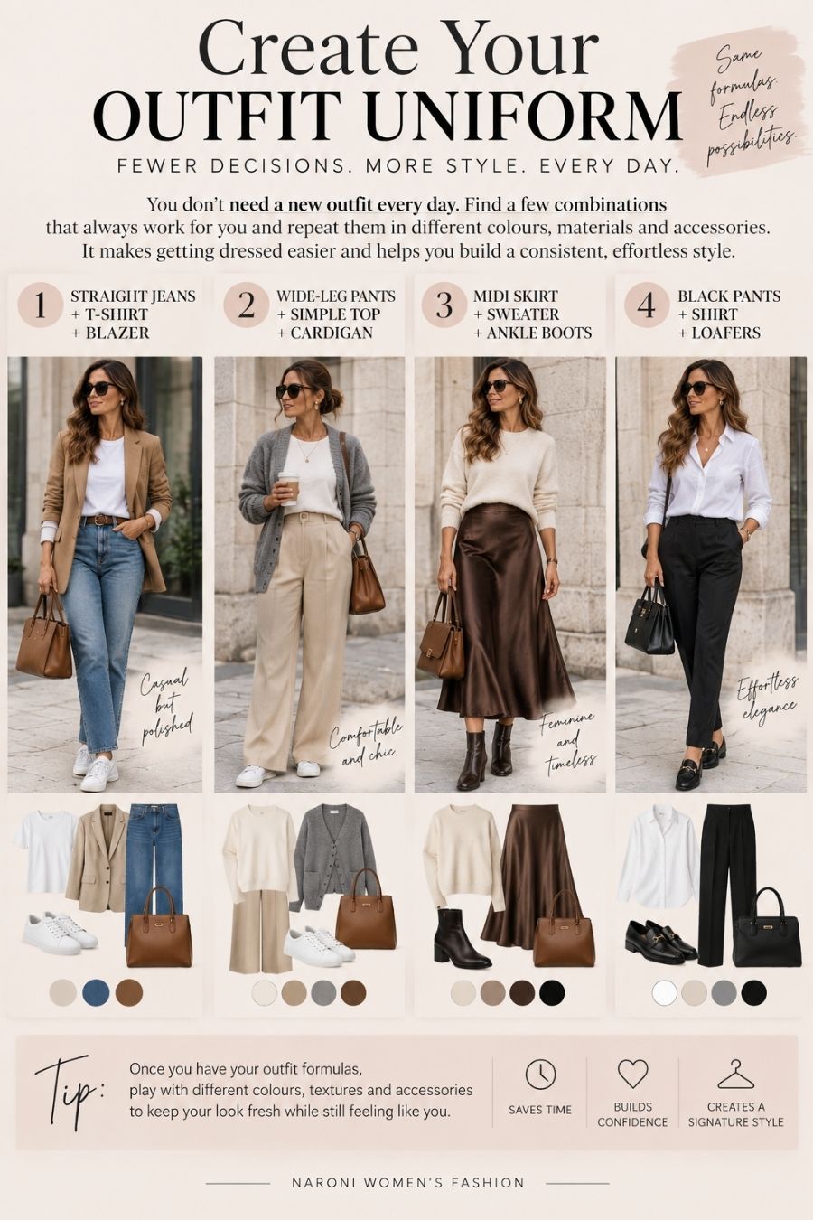 Four easy outfit uniform ideas for women over 30 with jeans, wide-leg pants, midi skirt and black trousers for an effortless polished style.