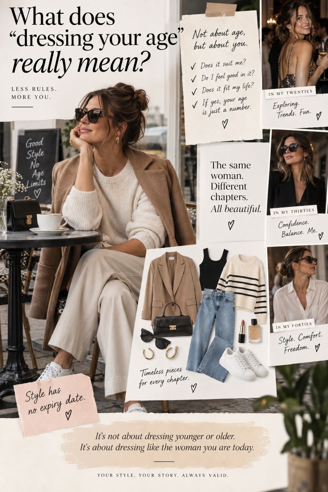 Fashion collage for women over 30 showing timeless outfits and different life stages, with the message that personal style is about confidence, comfort, and dressing for who you are today.
