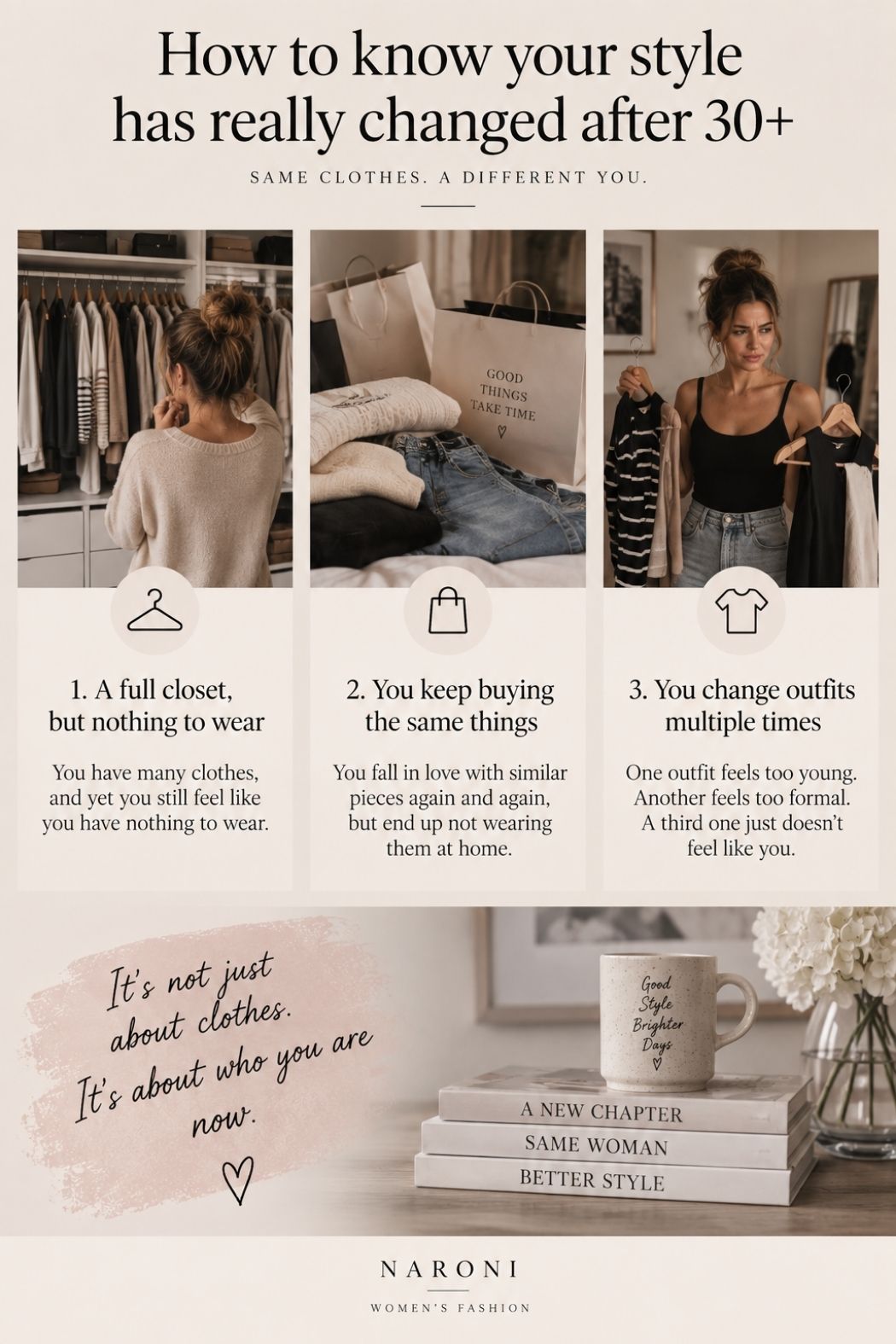 Minimal fashion infographic for women over 30 showing three signs that personal style has changed: a full closet with nothing to wear, repeatedly buying similar clothes, and changing outfits several times.