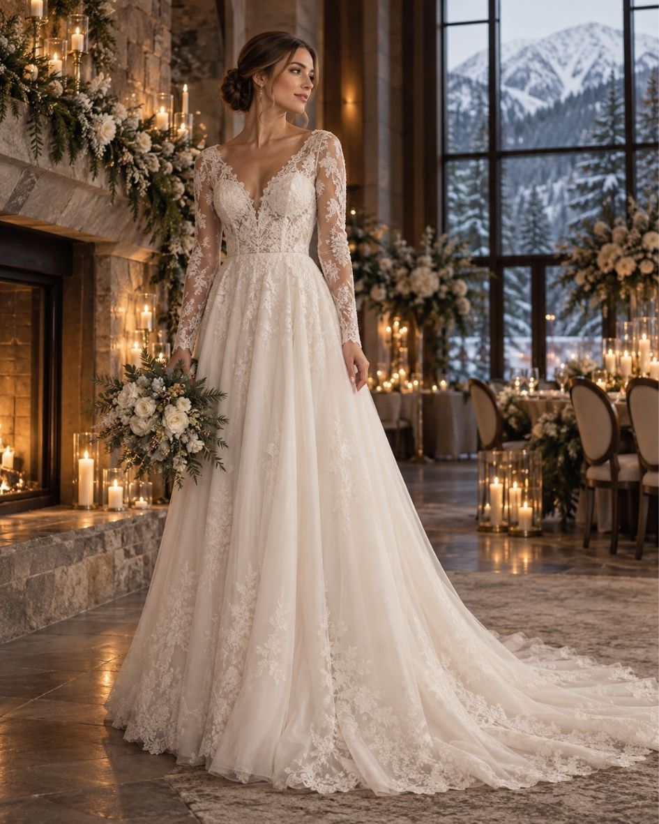 Bride wearing a romantic A-line long sleeve lace wedding dress at a luxurious winter wedding venue.