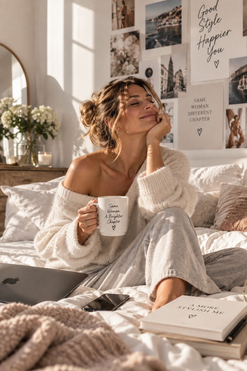 Relaxed woman over 30 sitting on a bed with a coffee mug in a cozy bedroom, reflecting confidence, comfort, and a more personal style after 30.