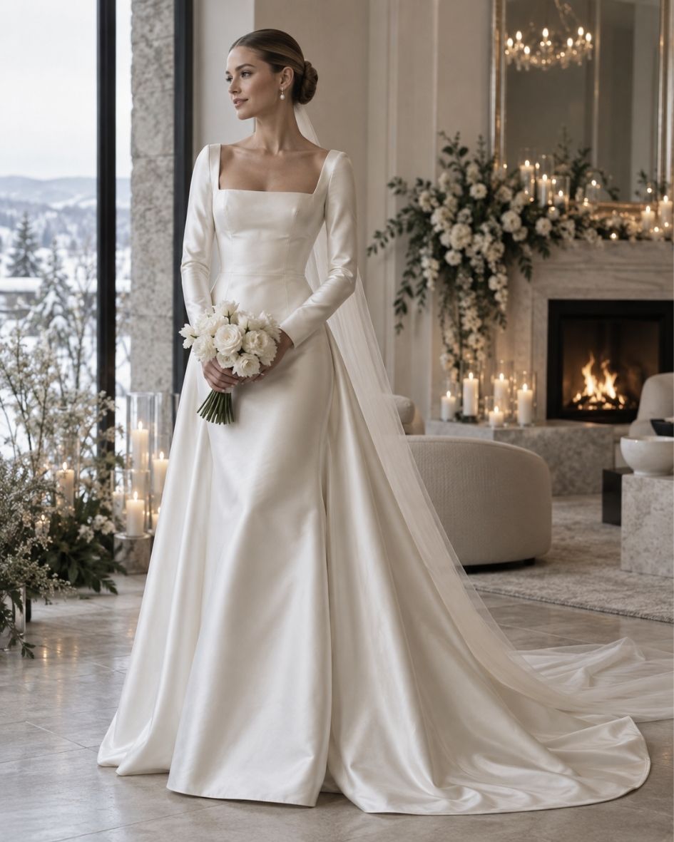 Bride wearing a minimalist satin long sleeve wedding dress with a square neckline at an elegant winter wedding venue.