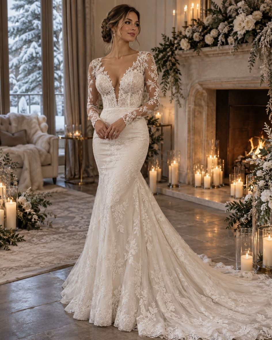 Bride wearing a fitted mermaid long sleeve lace wedding dress with a deep V-neckline at a romantic winter wedding venue.