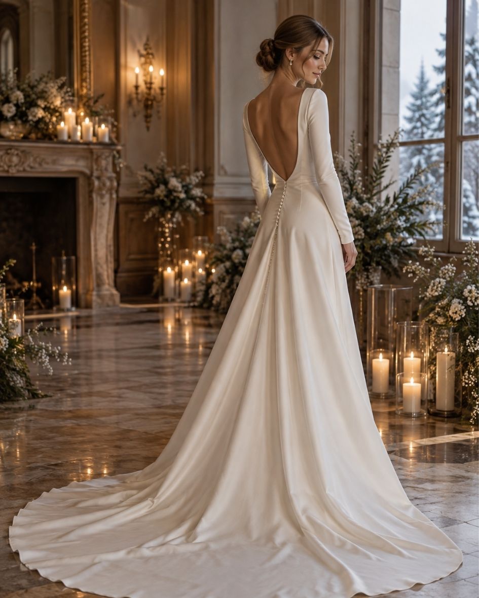 Bride wearing a minimalist long sleeve wedding dress with a dramatic open back at an elegant winter wedding venue.