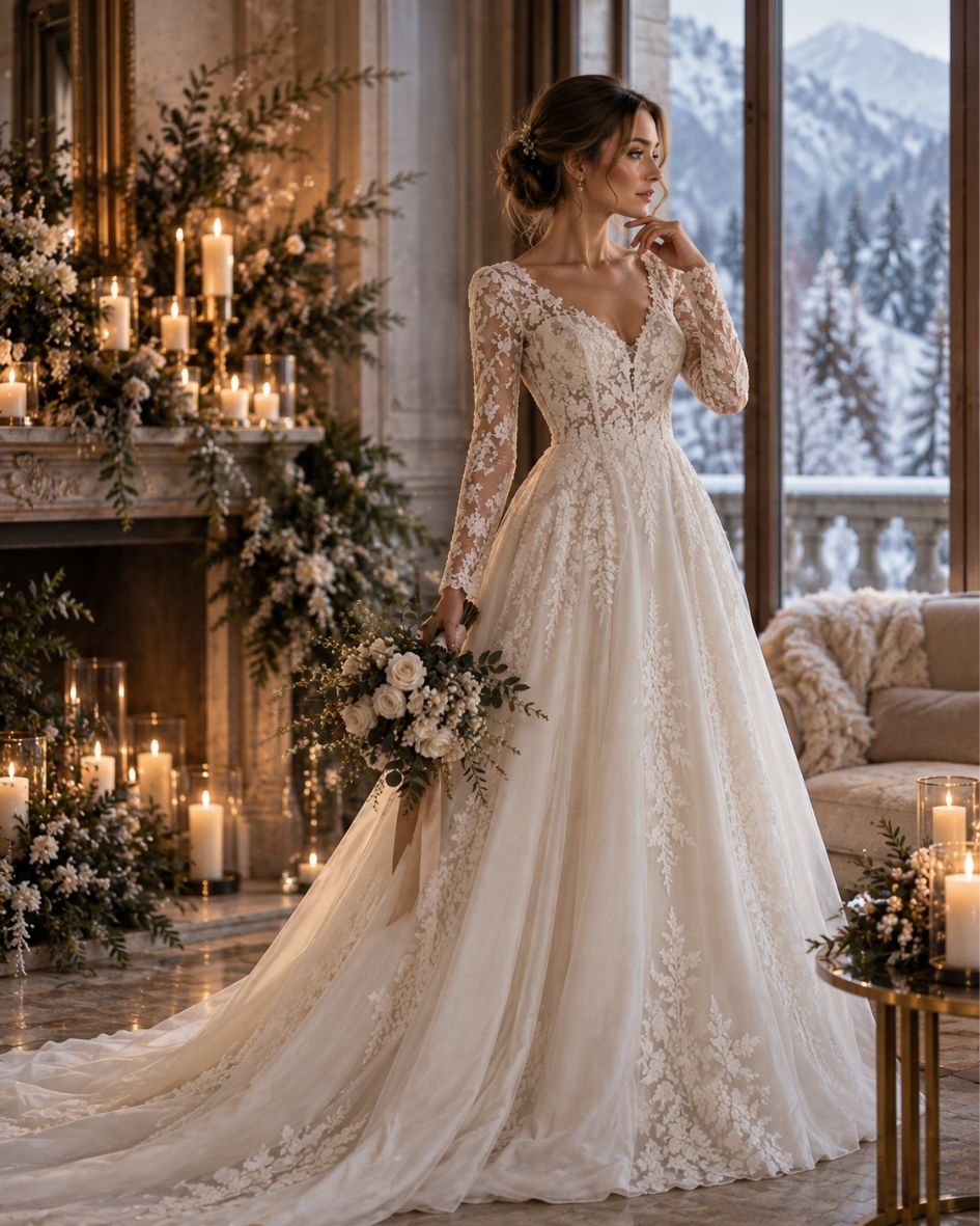 Bride wearing a romantic long sleeve lace A-line wedding dress at an elegant winter wedding venue.