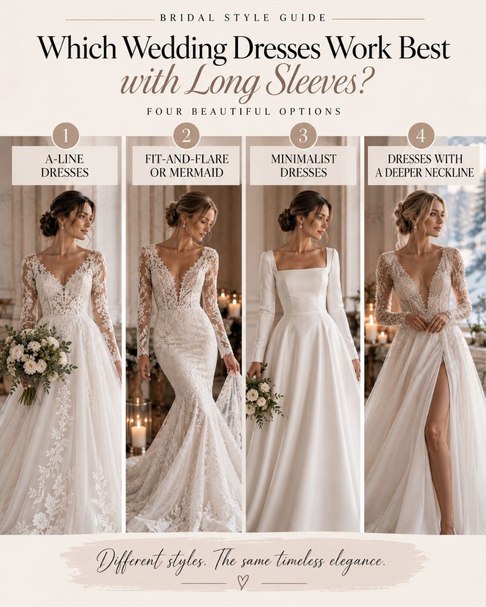 Bridal style guide showing four long sleeve wedding dress styles: A-line, mermaid, minimalist, and deep neckline.