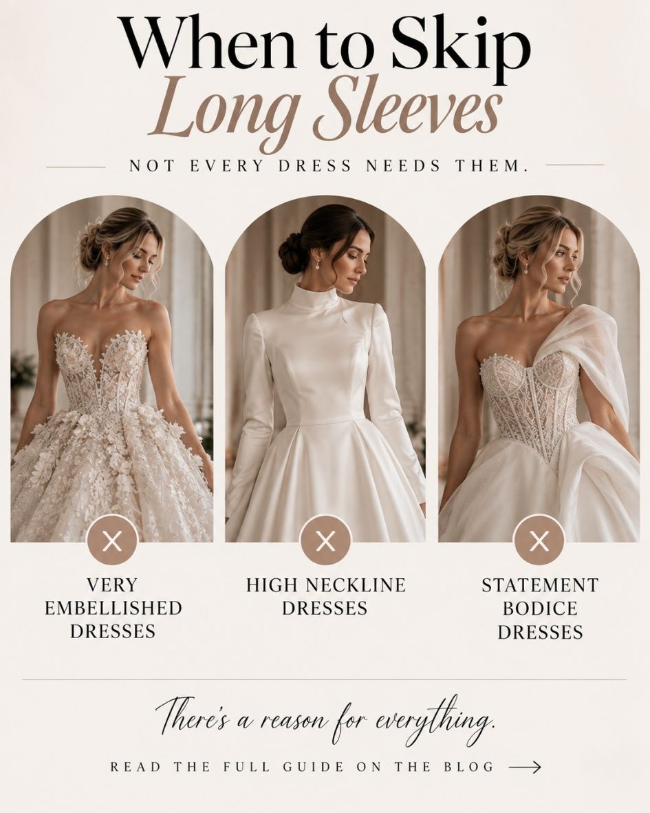 Bridal style guide showing when long sleeves may not suit heavily embellished, high-neck, or statement bodice wedding dresses.