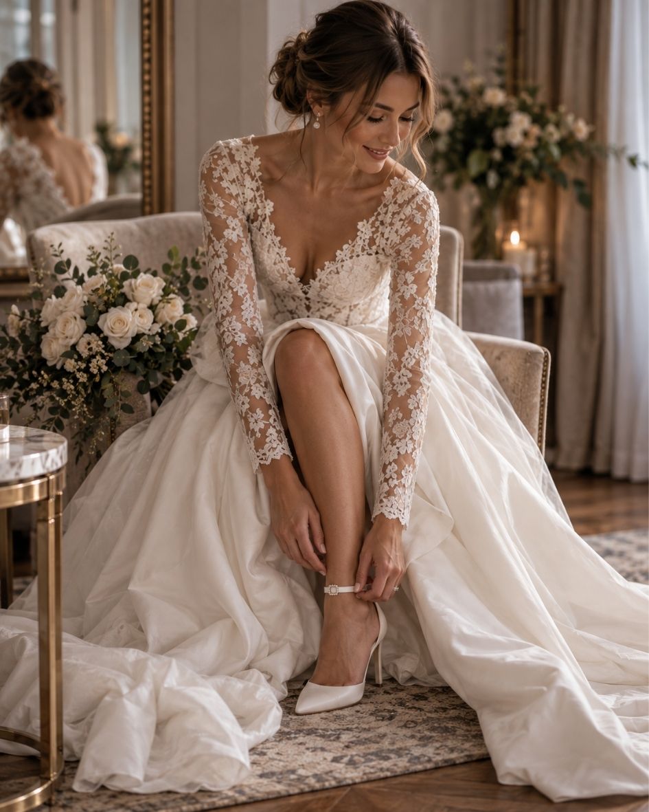 Bride sitting in a long sleeve lace wedding dress while adjusting her shoe during a bridal fitting.