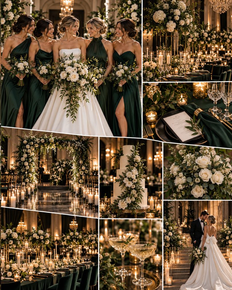 Luxury black-tie green wedding inspiration with emerald bridesmaid dresses, candlelit tables and elegant white floral styling.