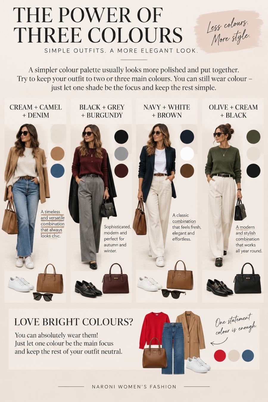 Three-colour outfit rule for women over 30 with elegant colour combinations including cream, camel, denim, black, grey, burgundy, navy, white, olive and brown.