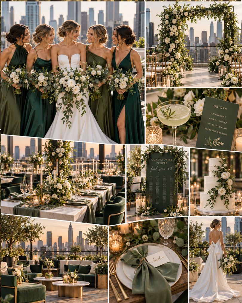 Modern city green wedding inspiration with emerald bridesmaid dresses, rooftop ceremony and sophisticated urban reception styling.