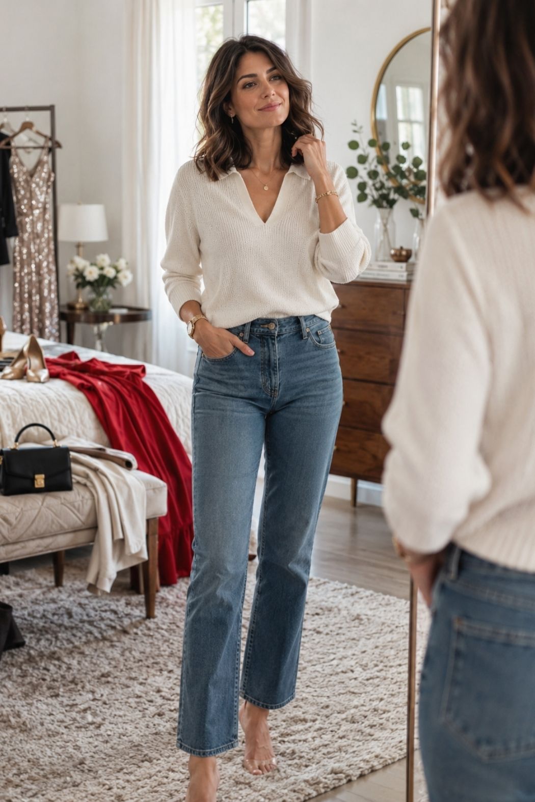 Woman over 30 standing in front of a mirror in a cream sweater and straight-leg jeans, reflecting on how her personal style has changed.