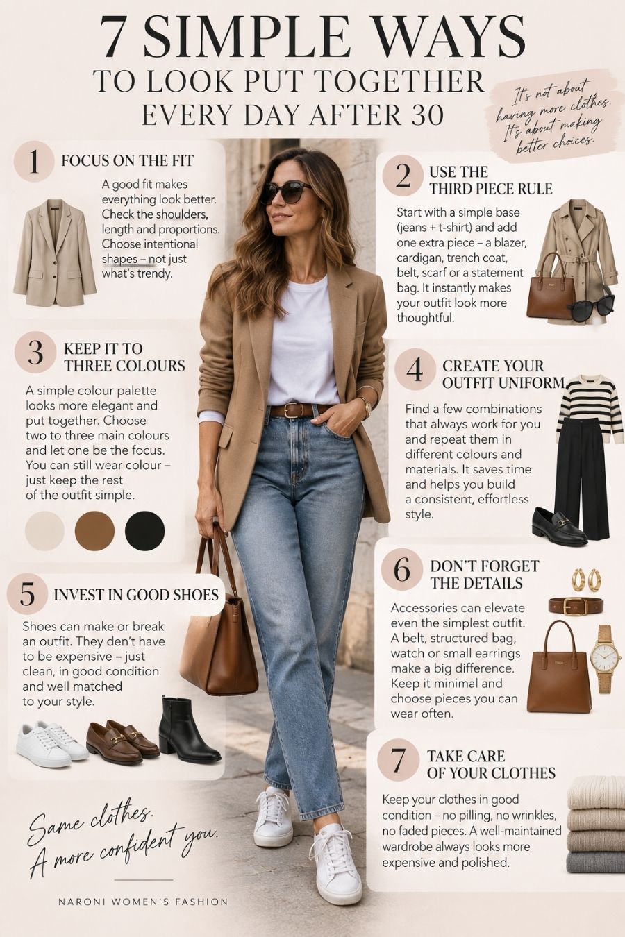 7 simple ways to look put together every day after 30, including outfit fit, colour palette, shoes, accessories and clothing care.