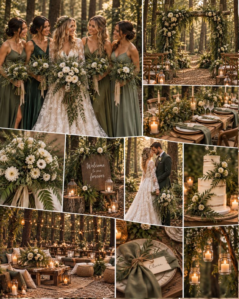 Forest boho green wedding inspiration with olive bridesmaid dresses, woodland ceremony and warm candlelit reception styling.