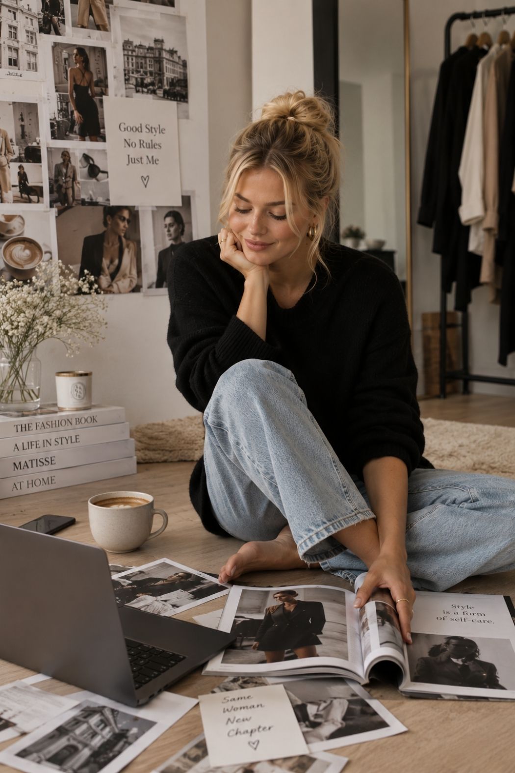 Woman over 30 sitting with fashion magazines and a laptop, exploring new outfit inspiration and developing a more confident personal style.