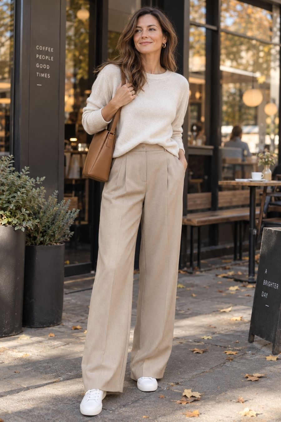 Elegant neutral outfit for women over 30 with a cream sweater, beige wide-leg trousers, white sneakers and a brown shoulder bag.