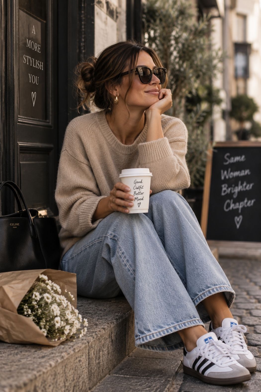 Stylish woman over 30 sitting outside a café in a beige sweater, relaxed jeans and sneakers, reflecting a confident and comfortable personal style.