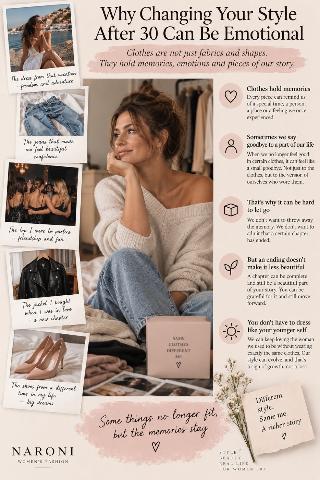 Fashion infographic for women over 30 showing how clothes can hold memories, emotions, and connections to different stages of life as personal style evolves.