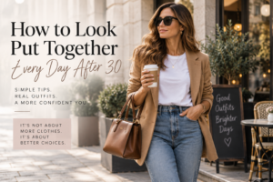 How to look put together every day after 30 with a camel blazer, white T-shirt, blue jeans, sunglasses and a brown handbag.