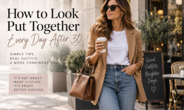 How to look put together every day after 30 with a camel blazer, white T-shirt, blue jeans, sunglasses and a brown handbag.