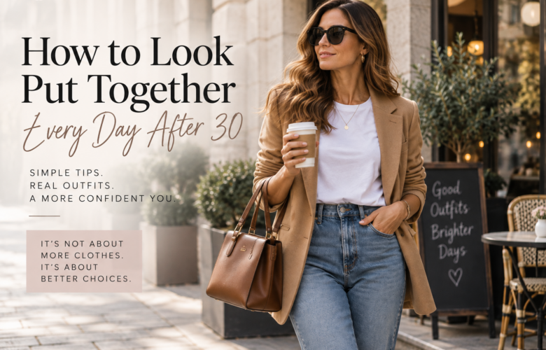 How to look put together every day after 30 with a camel blazer, white T-shirt, blue jeans, sunglasses and a brown handbag.
