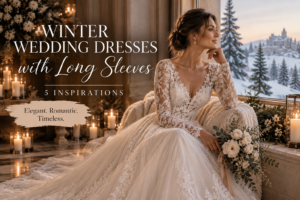 Winter wedding inspiration featuring a bride in a romantic long sleeve lace wedding dress with five elegant bridal style ideas.