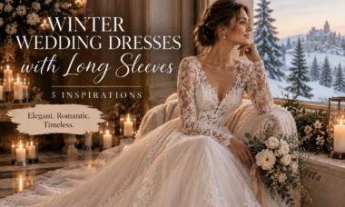 Winter wedding inspiration featuring a bride in a romantic long sleeve lace wedding dress with five elegant bridal style ideas.