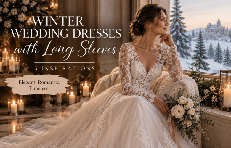 Winter wedding inspiration featuring a bride in a romantic long sleeve lace wedding dress with five elegant bridal style ideas.