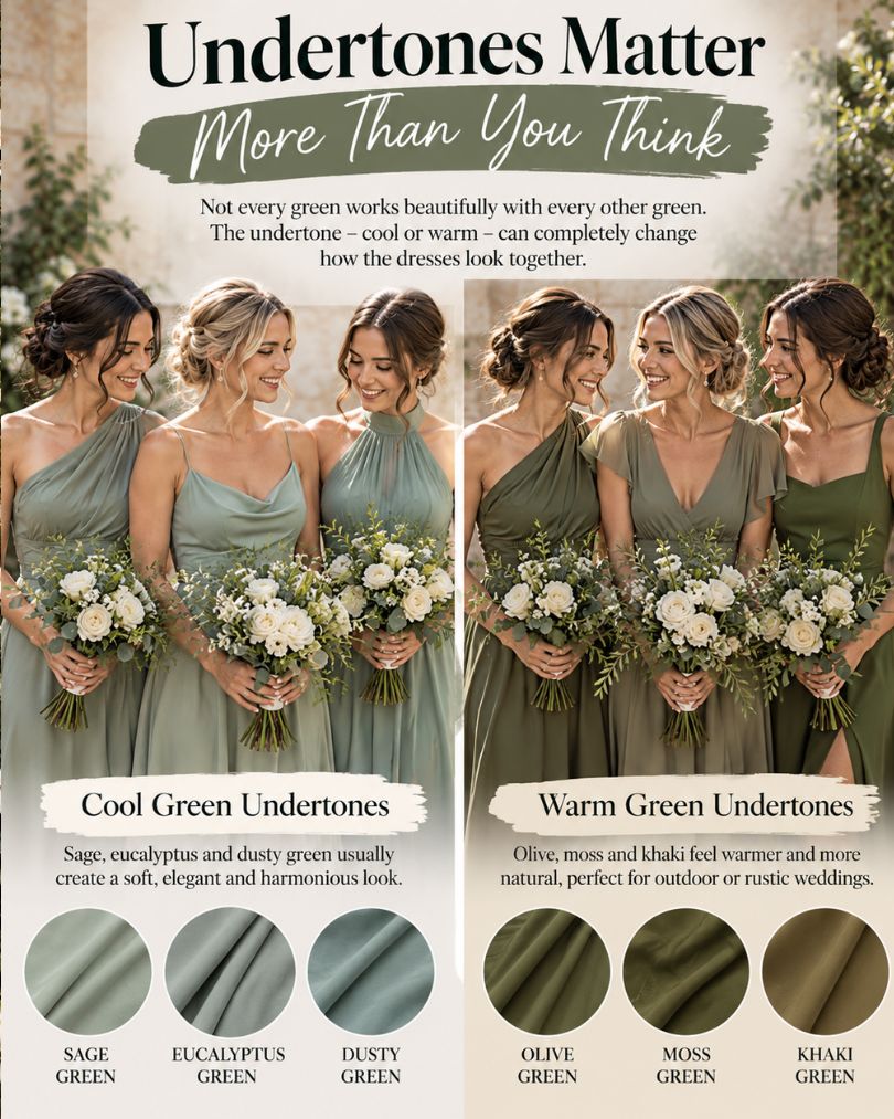 Cool and warm green bridesmaid dress undertones comparing sage, eucalyptus and dusty green with olive, moss and khaki.