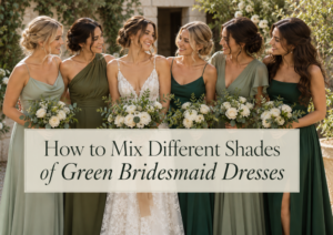 Bridesmaids wearing mixed shades of green dresses including sage, olive and emerald at an outdoor wedding
