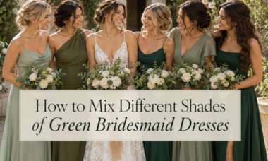 Bridesmaids wearing mixed shades of green dresses including sage, olive and emerald at an outdoor wedding