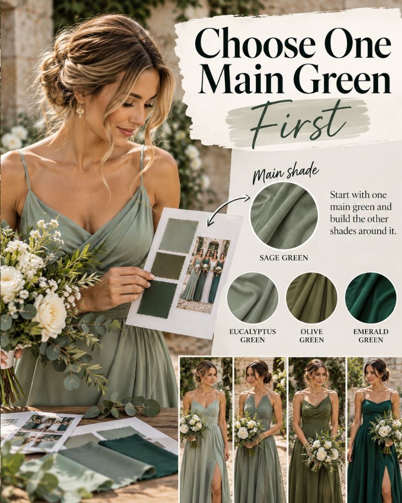 Guide to choosing a main green bridesmaid dress shade with sage, eucalyptus, olive and emerald green examples
