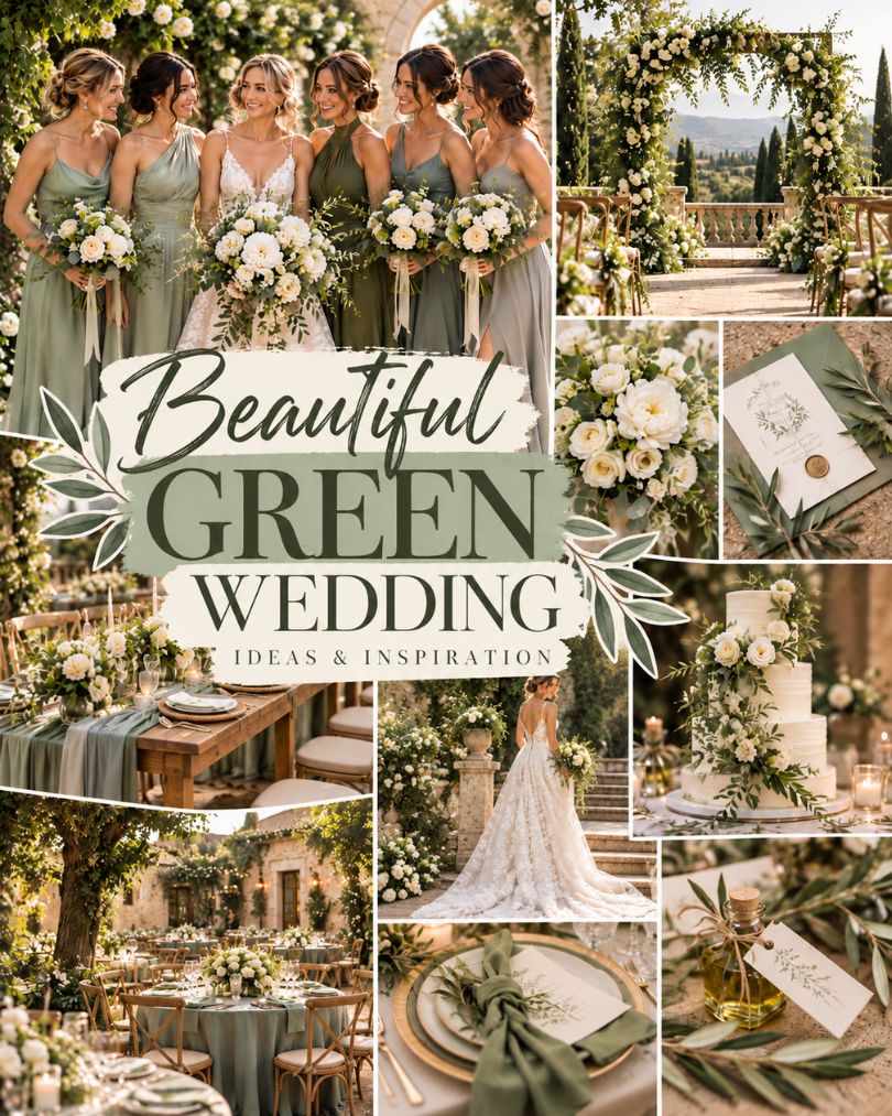 Romantic garden green wedding inspiration with sage bridesmaid dresses, ivory flowers and elegant outdoor styling.