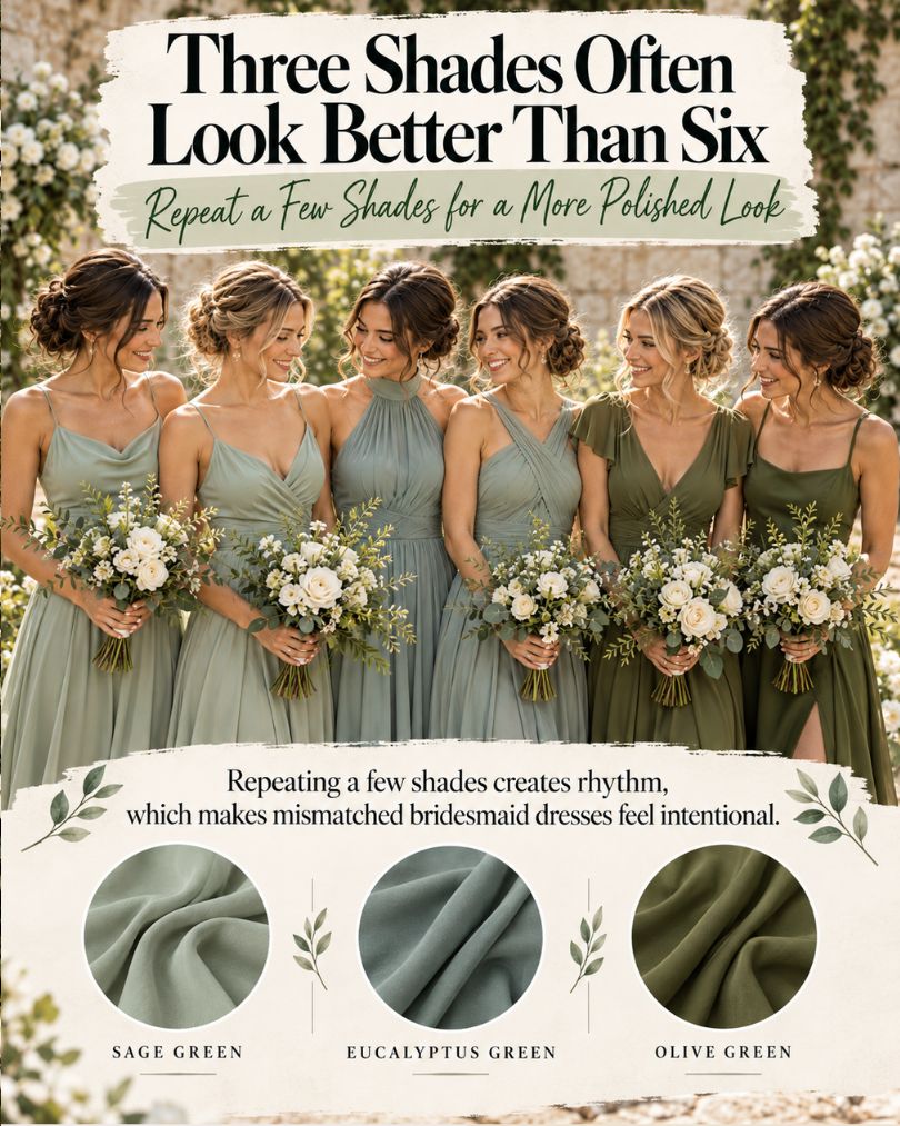 Six bridesmaids in sage, eucalyptus and olive green dresses showing how repeating three shades creates a cohesive mismatched look.