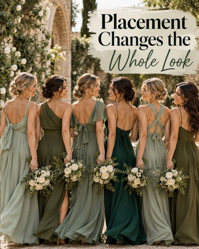 Bridesmaids arranged in mixed sage, olive and emerald green dresses to create a balanced and cohesive group look.