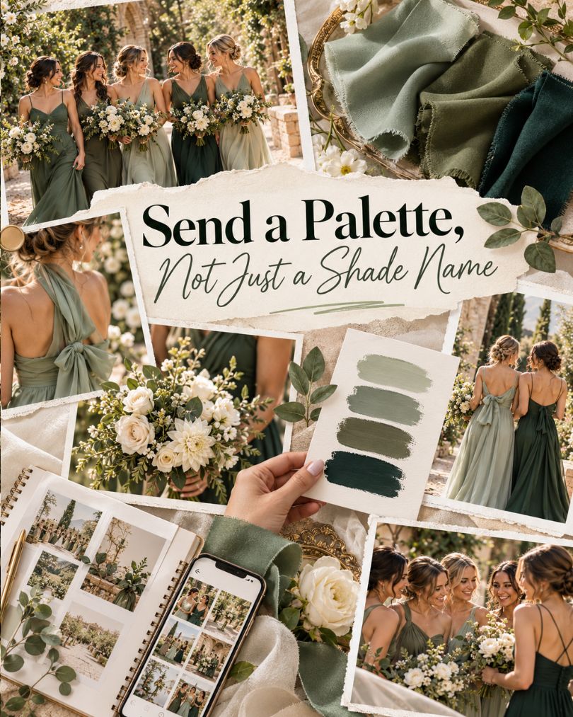Green bridesmaid color palette with sage, olive and emerald swatches showing why visual references work better than shade names.