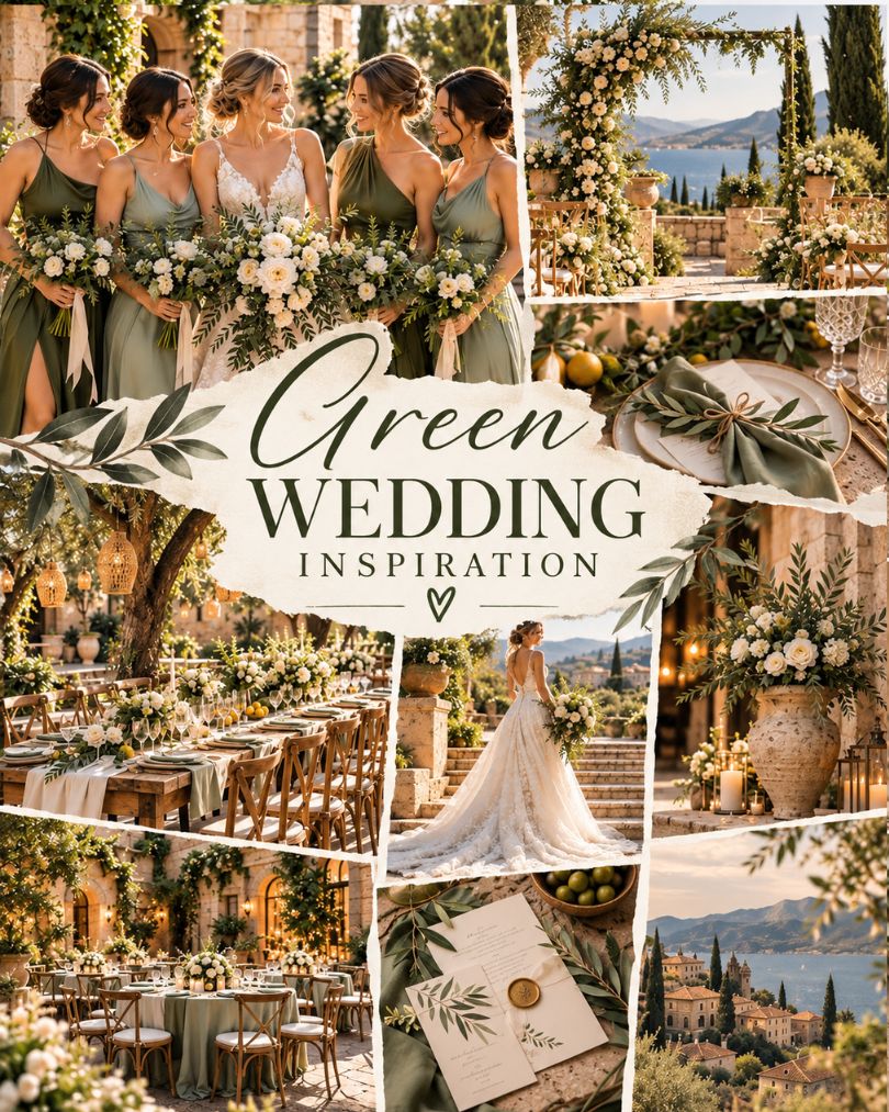Mediterranean green wedding inspiration with olive bridesmaid dresses, sunlit stone venue and elegant outdoor reception styling.