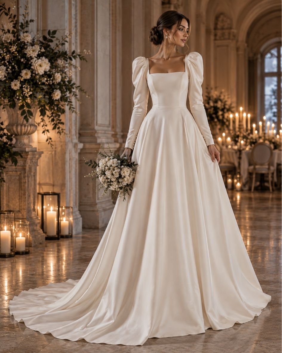 Bride wearing a modern satin long sleeve wedding dress with puff shoulders, square neckline, and elegant A-line skirt.